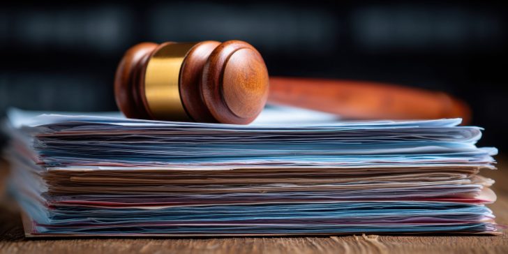 Close-up of a wooden gavel resting on a stack of colorful documents and papers